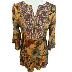 Soft Surroundings Embroidered Tunic Top Yellow Floral 3/4 Bell Sleeves Boho Sm